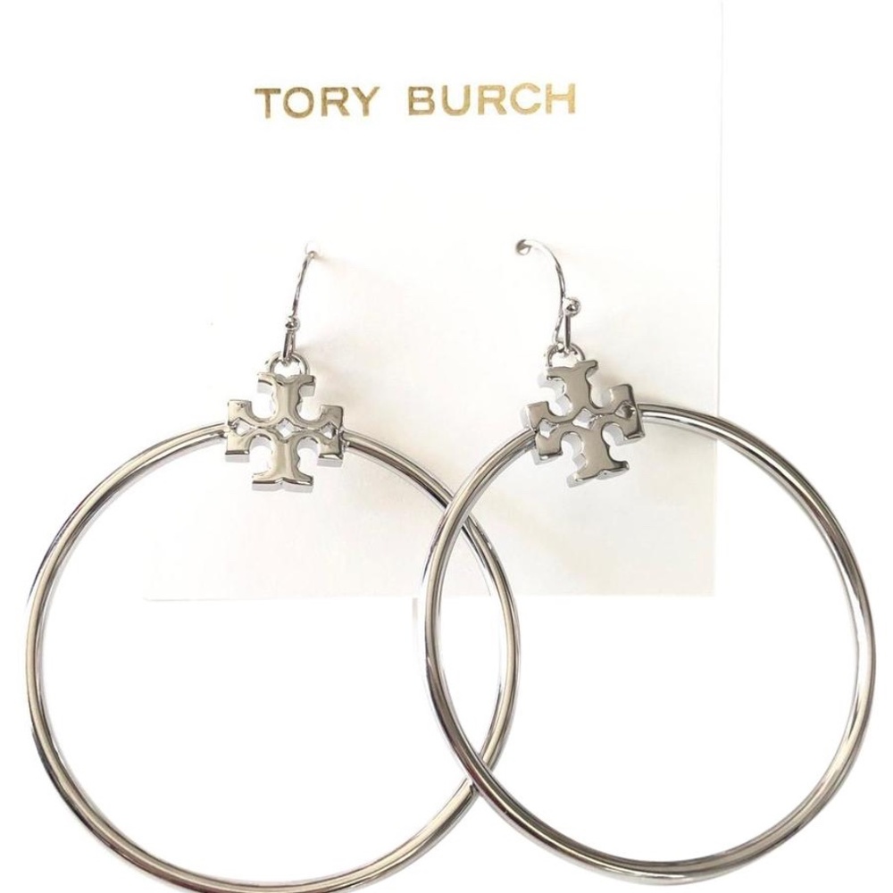 NEW Tory Burch Stacked Hoop Drop Earrings 1.5” Silver or Rose Gold - Picture 3 of 9